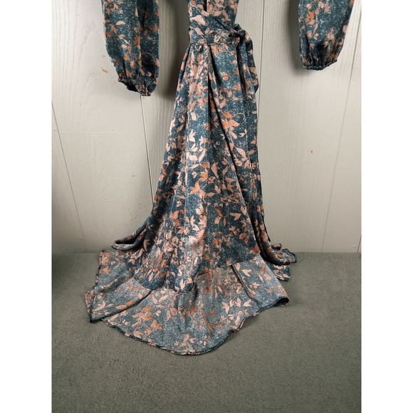 NWT Green & Copper Wrap Midi Maxi Dress ‎ Medium Puff Sleeve Boho Hi Low Floral - Picture 6 of 13
